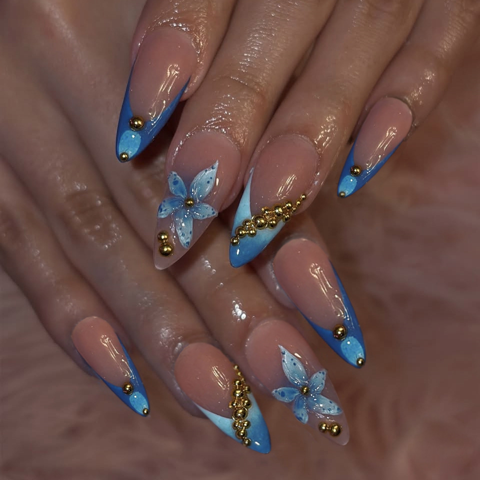 Pressed Flower Art - Kuku palsu nude dengan motif bunga