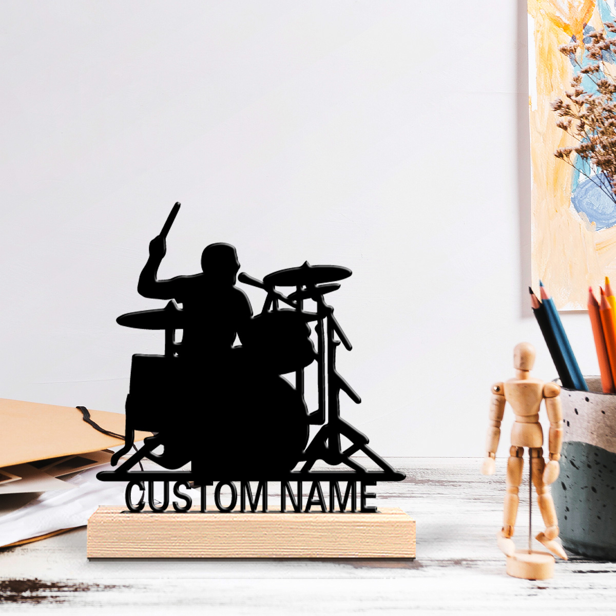 Engraved Wood Frame - 1pc Patung Drummer dan Drum Logam