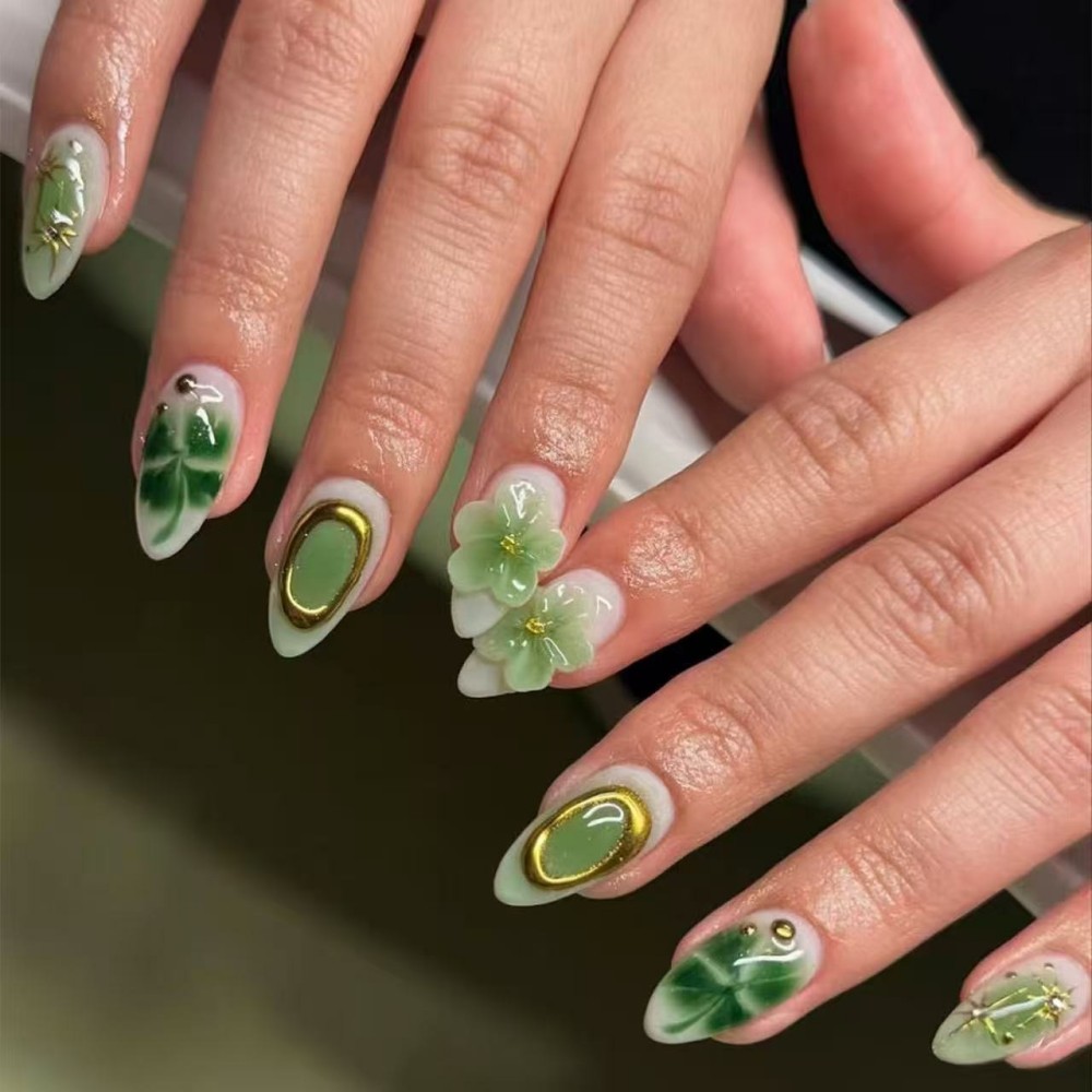 Pressed Flower Art - 24PCS Kuku Palsu Mewah Warna Hijau