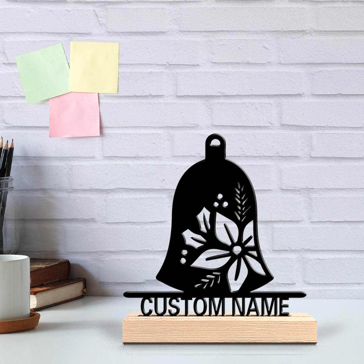 Engraved Wood Frame - 1 Buah Patung Logam Lonceng Kustom