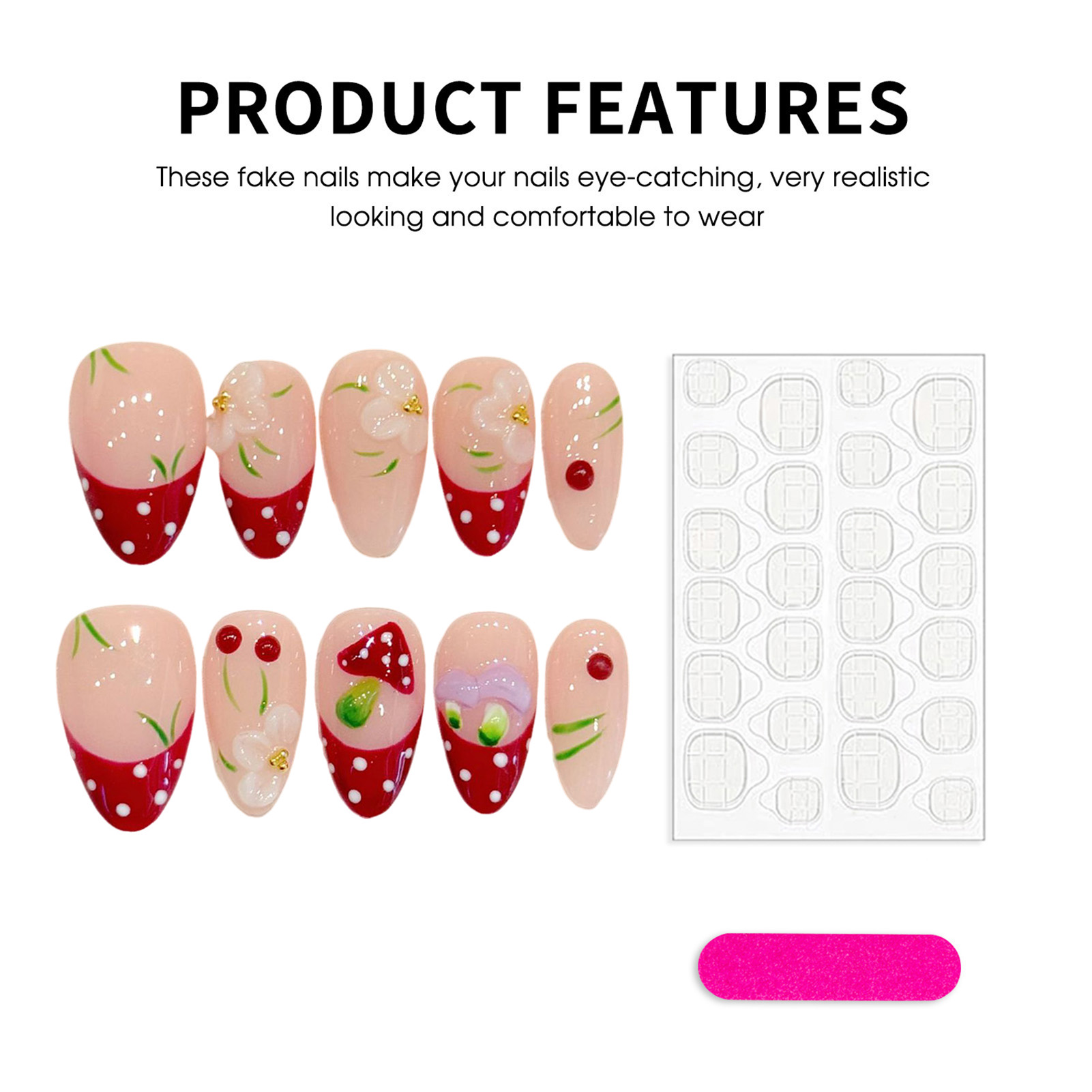 10Pcs Kuku Palsu Desain Polka  - Pressed Flower Art ulasan dan harga