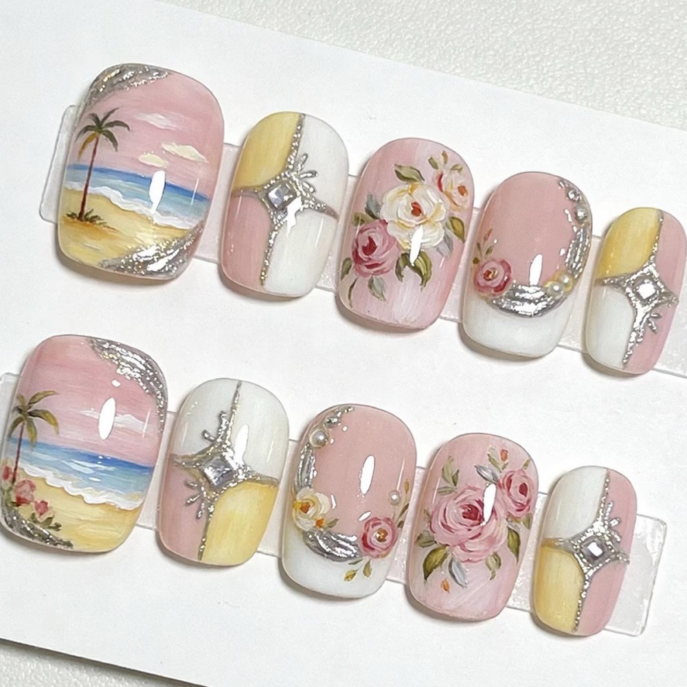 24PCS Kuku Palsu Mewah Warna H - Pressed Flower Art ulasan dan harga