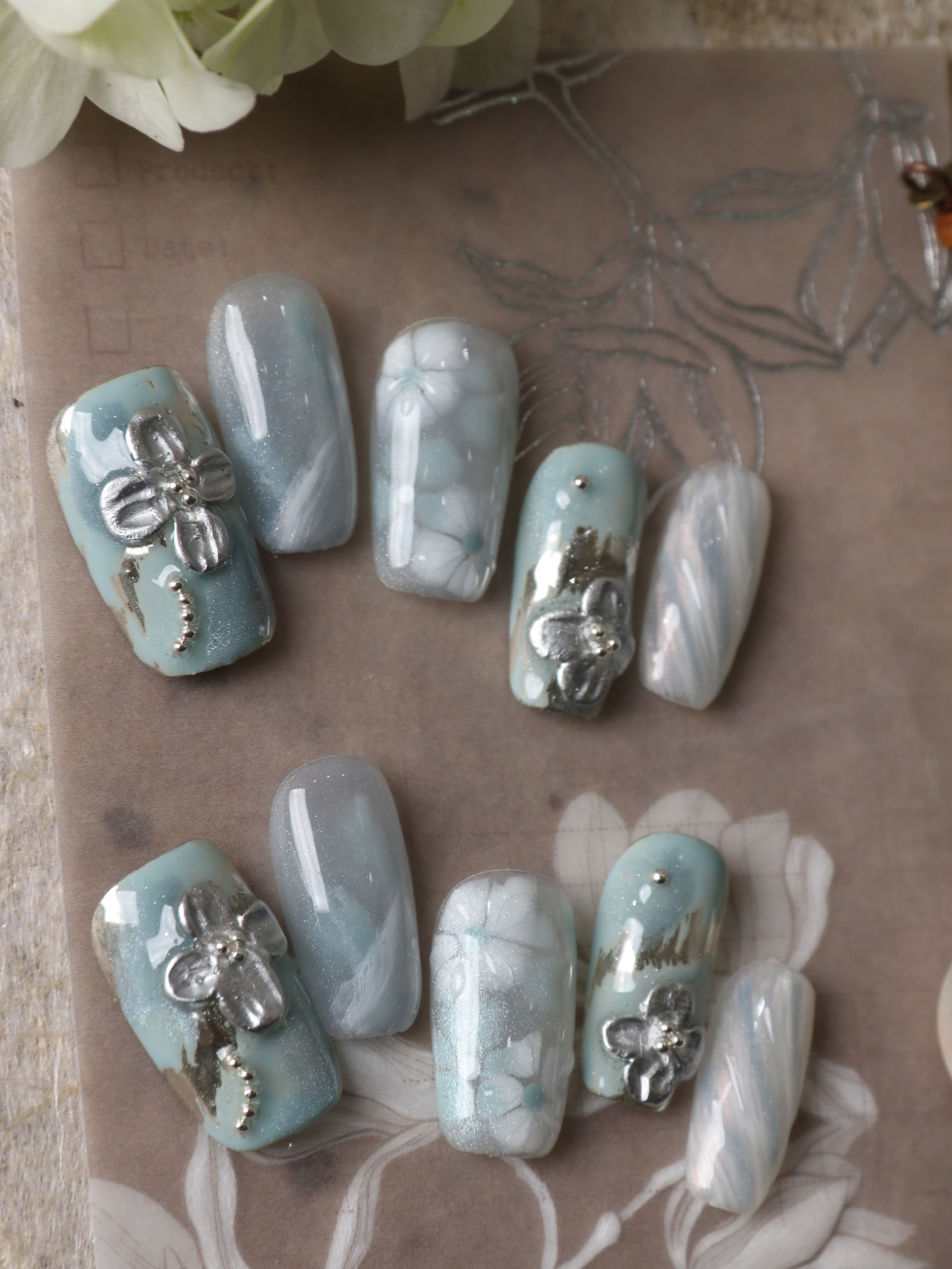 10 Buah Kuku Palsu Biru Putih  - Pressed Flower Art ulasan dan harga