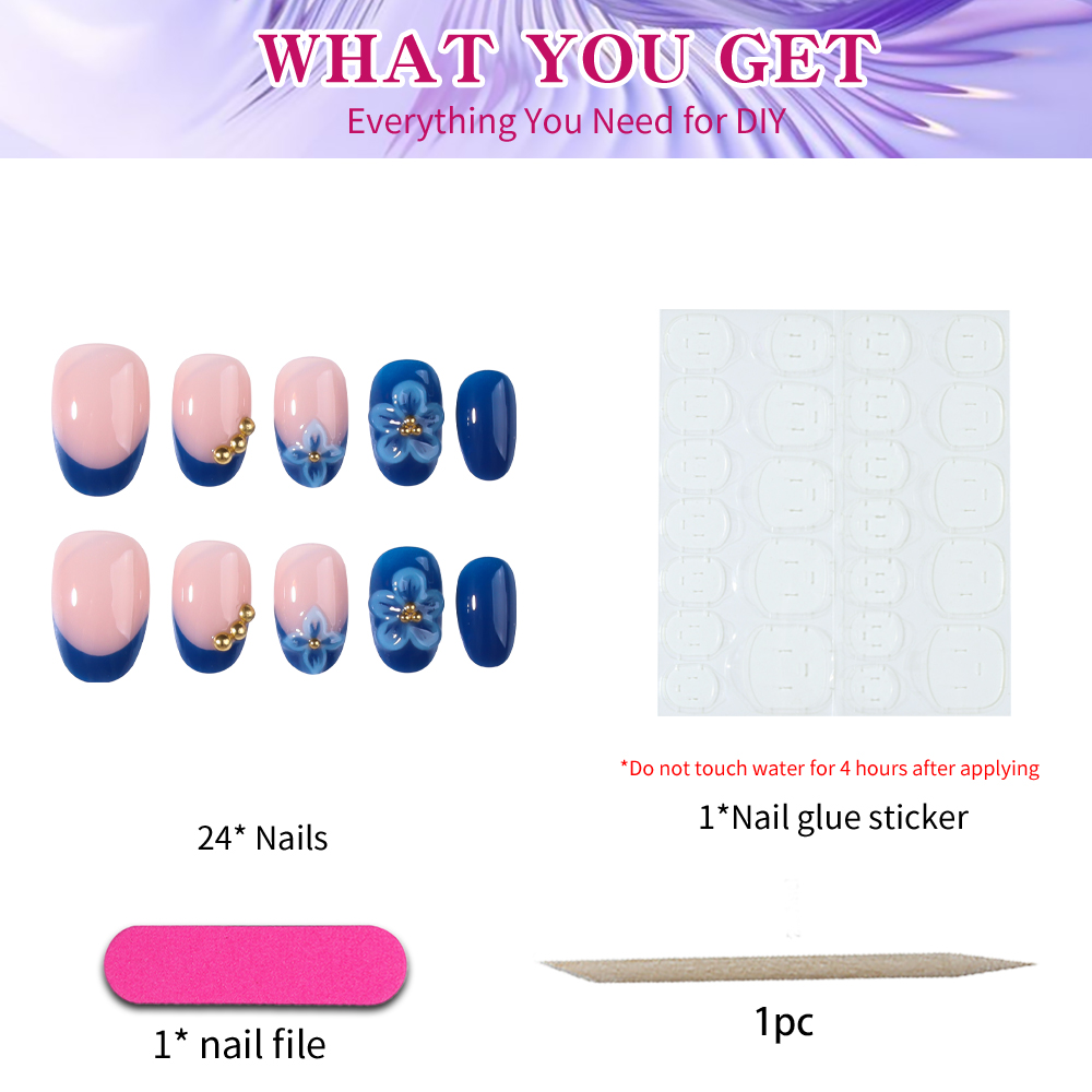 24pcs Stiker Kuku Gel 3D Oval  - Pressed Flower Art ulasan dan harga